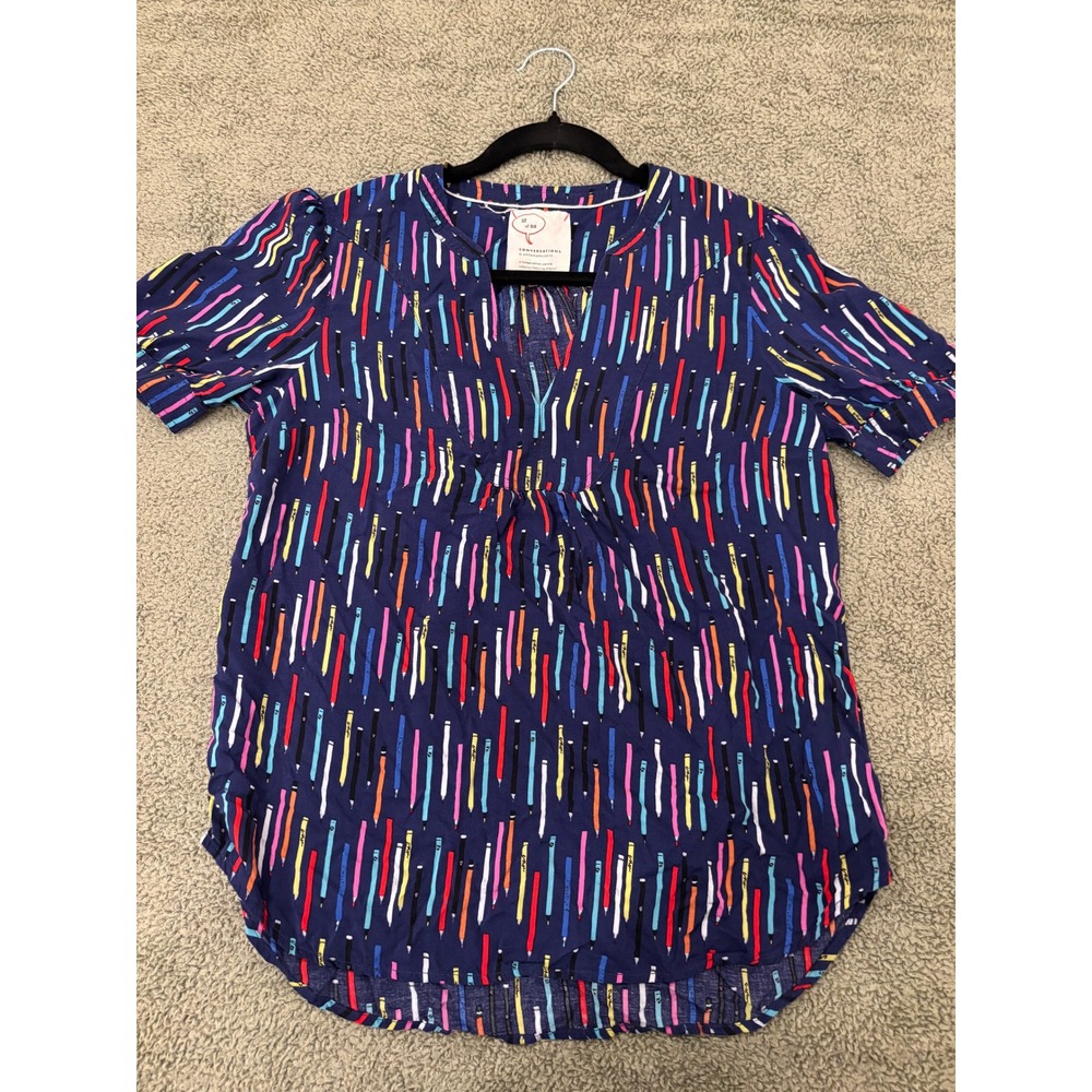 Anthropologie Conversations Pencil Print Blouse Navy Blue V-Neck Top Boho Chic
